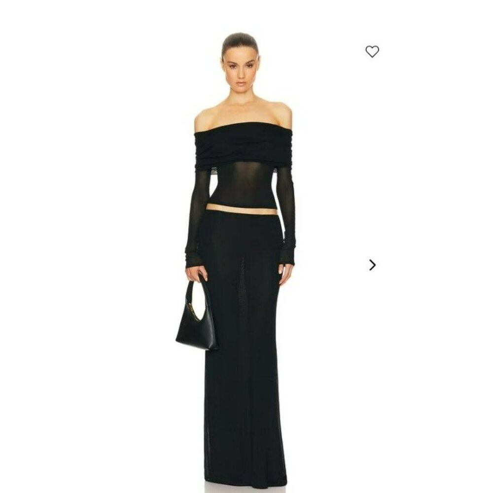 HELSA Revolve Black Sheer Knit Off The Shoulder Top Mesh Jersey Long Sleeve - Picture 13 of 15